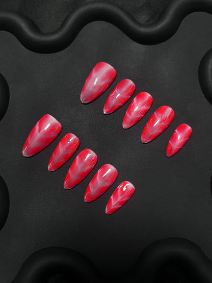 Red Marble Almond Ombre Nails