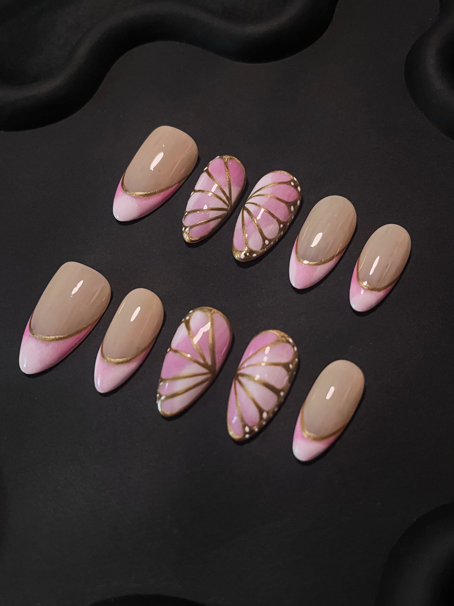 Butterfly Wing French Almond Pink Ombre Nails