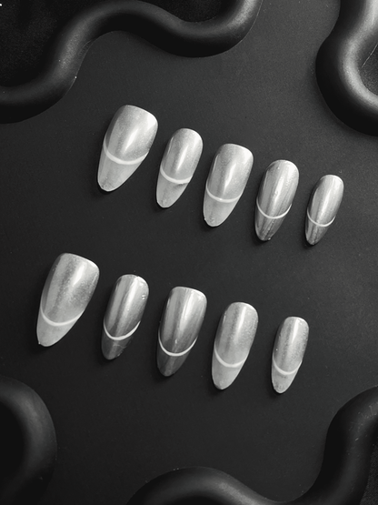 Line French Almond Silver Ombre Nails