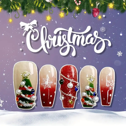 3D Christmas Tree Coffin Red Ombre Nails