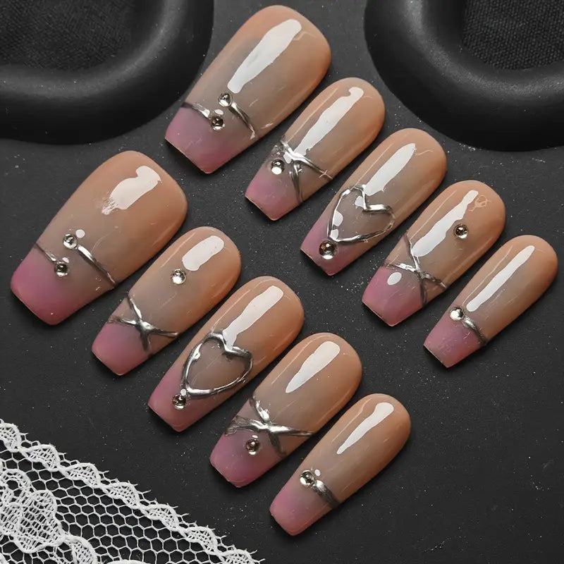 Heart Line Coffin Nude Ombre Nails