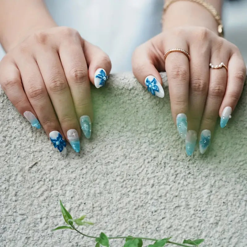 3D Lily Almond Blue Ombre Nails