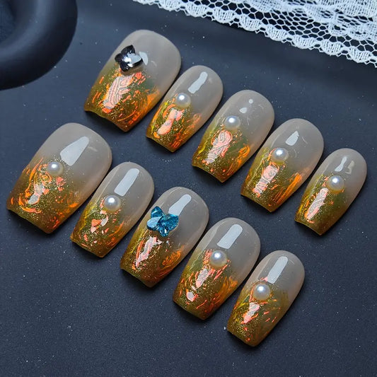 Gilded Pearl Coffin Gold Ombre Nails