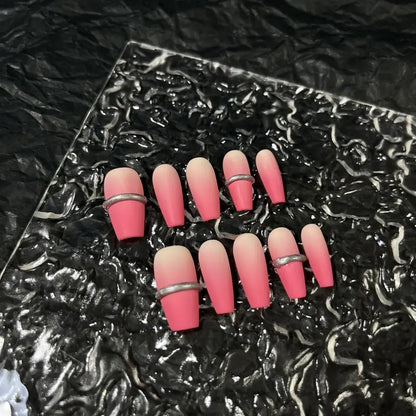 3D Line Matte Coffin Pink Ombre Nails