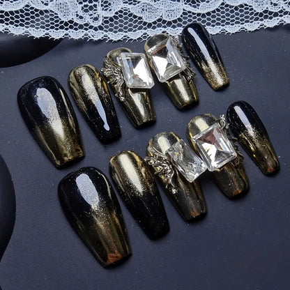 Gem Butterfly Coffin Black Ombre Nails