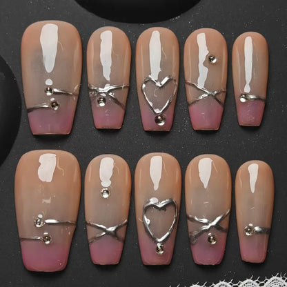 Heart Line Coffin Nude Ombre Nails