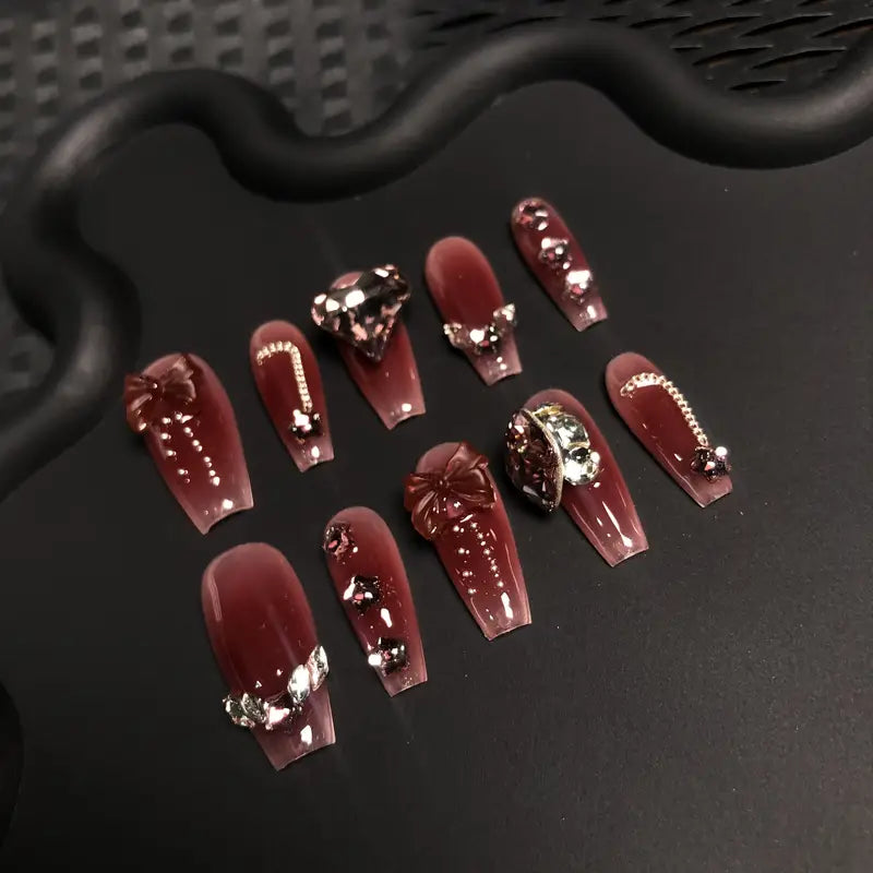 Bow Crystal Coffin Red Ombre Nails