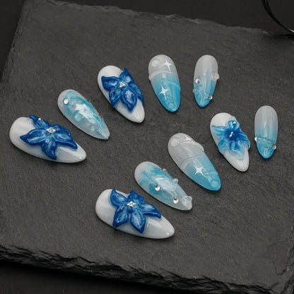 3D Lily Almond Blue Ombre Nails