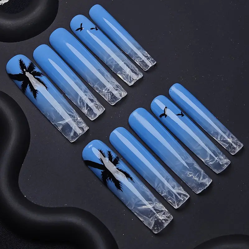 Clear Ice Coffin Blue Ombre Nails