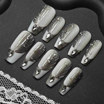 Matte French Line Coffin Grey Ombre Nails