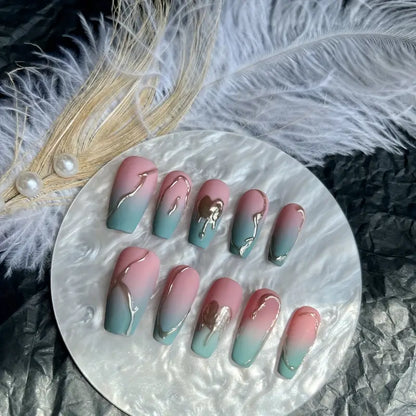 Liquid Metal Matte Coffin Pink Ombre Nails