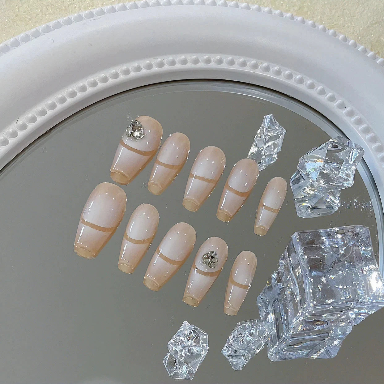 Nude and White Ombre Nails Rhinestone Coffin