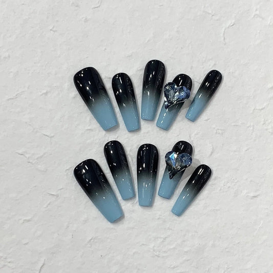 Black and Blue Ombre Nails Rhinestone Coffin