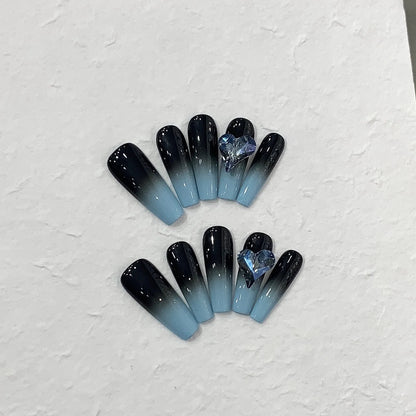 Black and Blue Ombre Nails Rhinestone Coffin