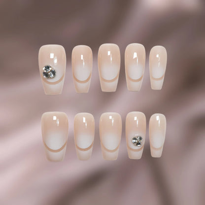 Nude and White Ombre Nails Rhinestone Coffin