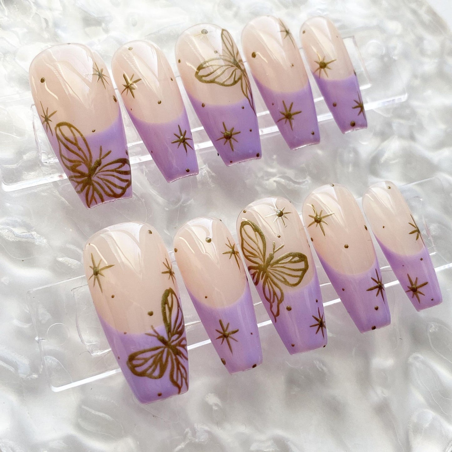 Purple French Nails Butterfly Coffin Press on