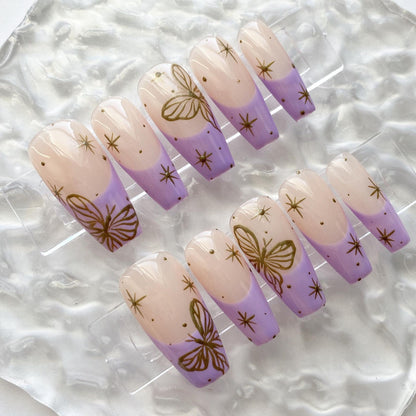 Purple French Nails Butterfly Coffin Press on