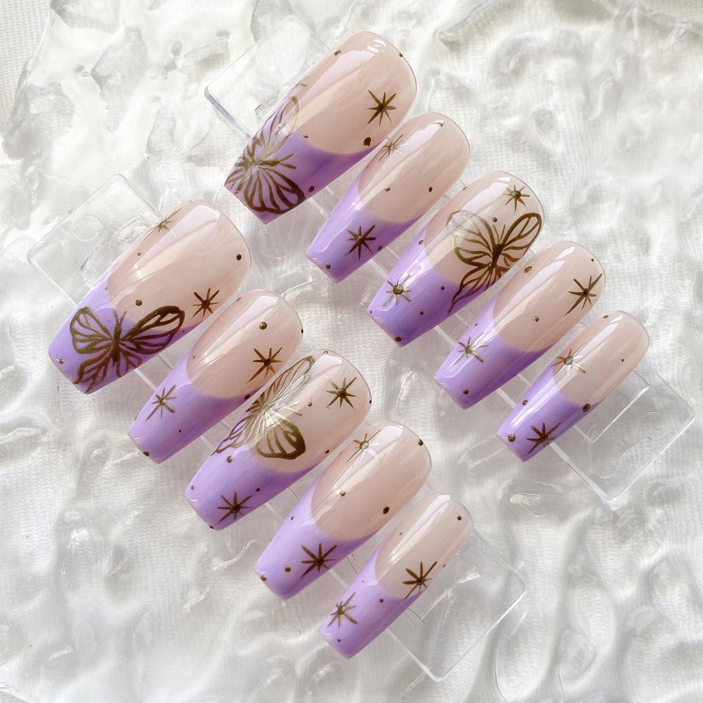 Purple French Nails Butterfly Coffin Press on