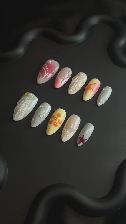 Shell And Starfish Almond White Ombre Nails