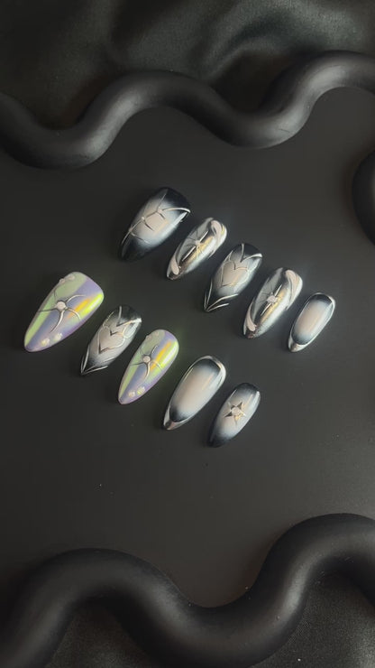 Star Metal Almond Silver Ombre Nails