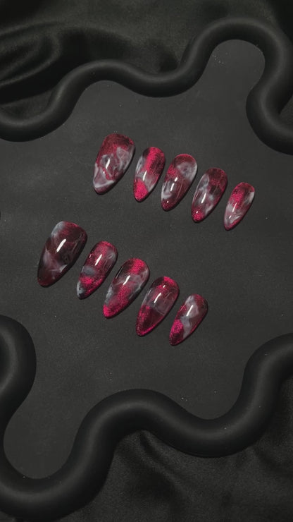 Red Cat Eye Marble Ombre Nails