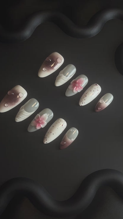 3D Flowe Almond Brown Ombre Nails