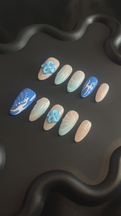 3D Hawaiian Almond Blue Ombre Nails