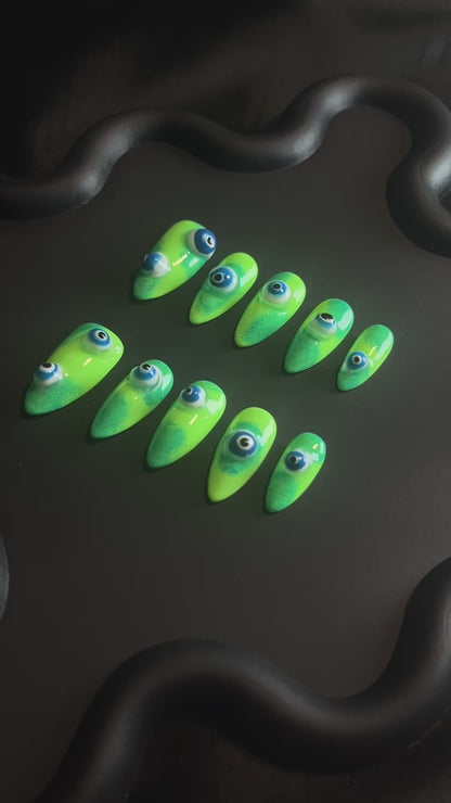 3D Evil Eye Green Almond Ombre Nails