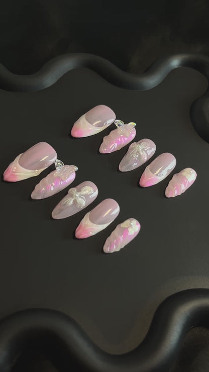 Iridescent French Almond Pink Ombre Nails