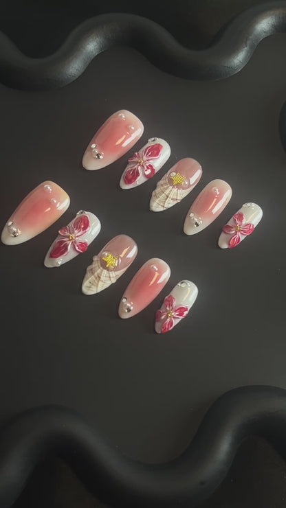 Hawaiian 3D Flower Almond Ombre Nails