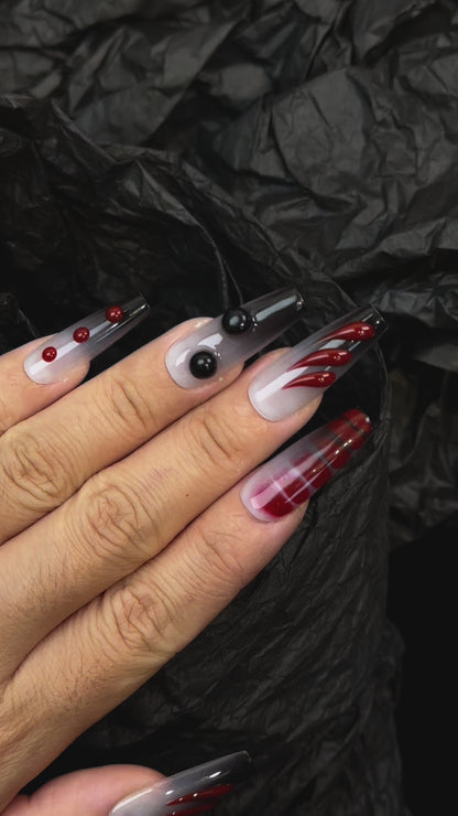 Red Black 3D Edgy Coffin Ombre Nails