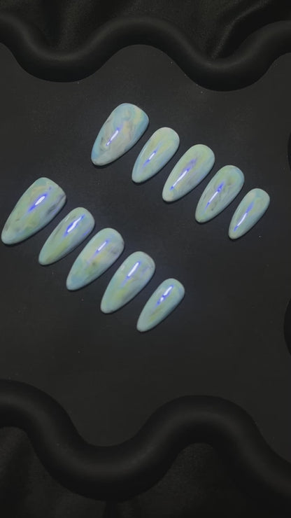 Light Blue Opal Almond Ombre Nails