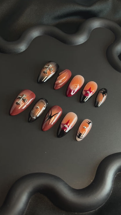 Cross Halloween Almond Orange Ombre Nails