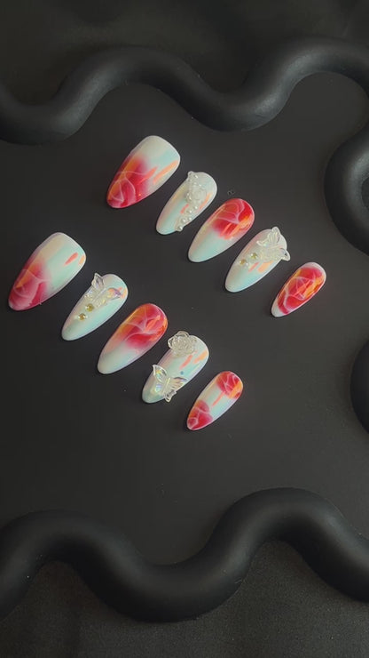 Rose Petals Butterfly Almond Ombre Nails