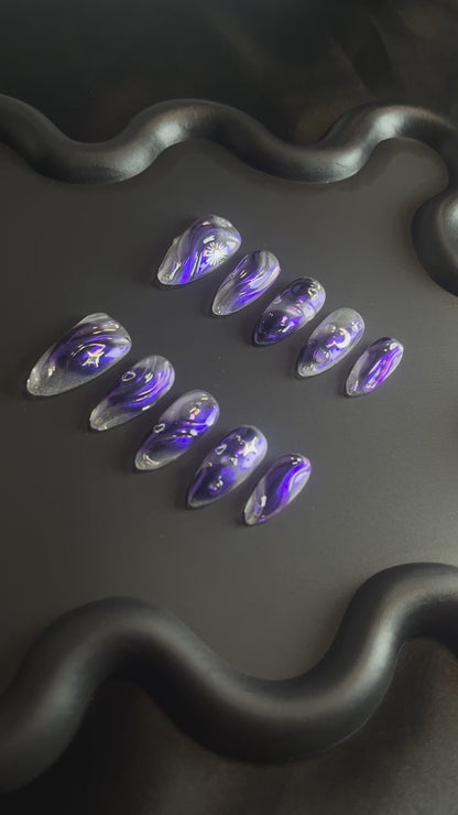 3D Swirl Almond Deep Purple Ombre Nails