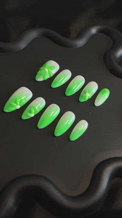 3D Daisy Neon Green Almond Ombre Nails