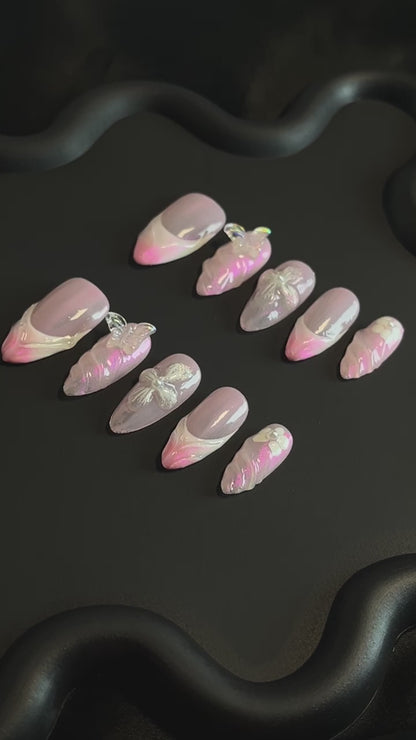 Iridescent French Almond Pink Ombre Nails