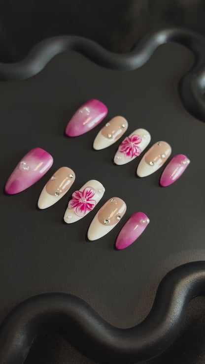 Bright Flowers Almond Pink Ombre Nails