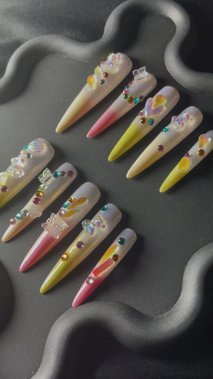 3D Rhinestone Glazed Stiletto Yellow Ombre Nails