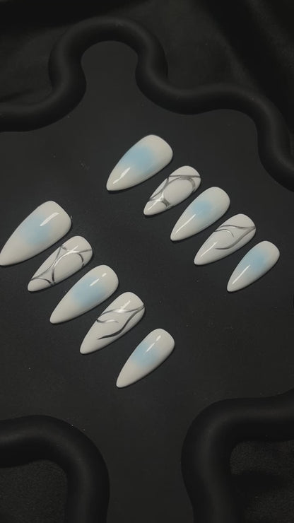 Blue Aura Silver Line Almond Ombre Nails