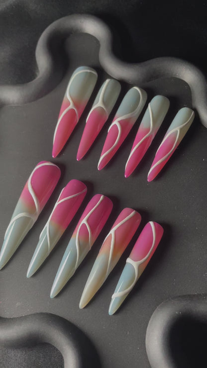 Pink Grey Swirl Stiletto Ombre Nails