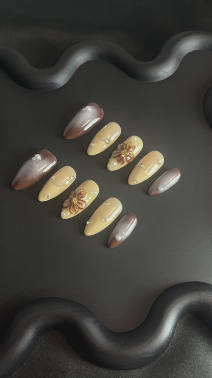 Mocha 3D Flower Almond Ombre Nails