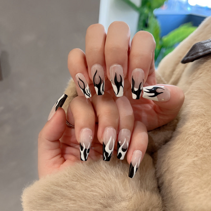 Black and White Flame Nails Coffin Acrylic