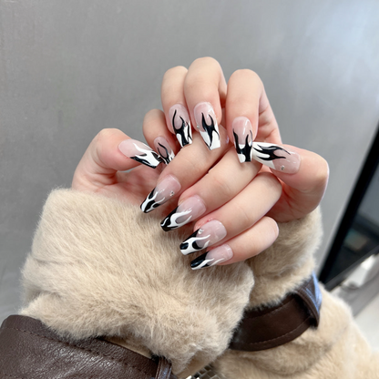 Black and White Flame Nails Coffin Acrylic