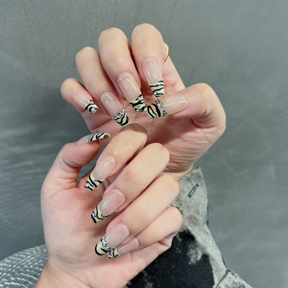 Zebra French Tip Nails Rhinestones Acrylic