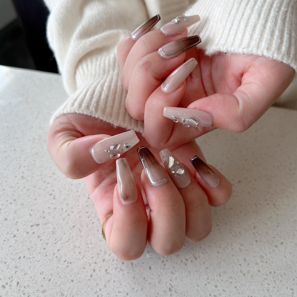 Mocha Brown Ombre Nails With Diamonds