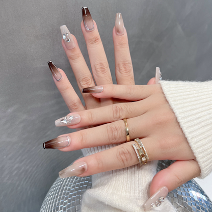 Mocha Brown Ombre Nails With Diamonds