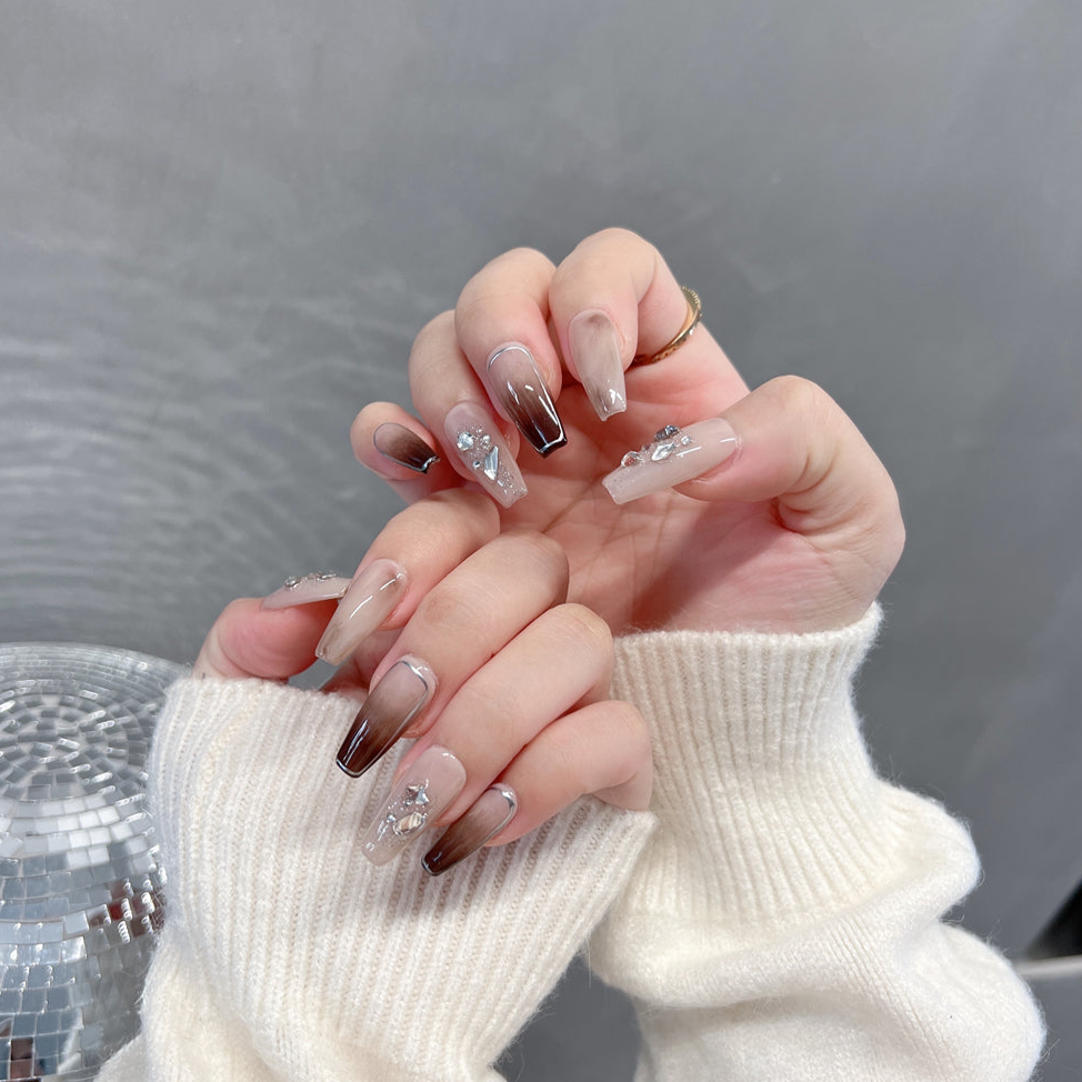 Mocha Brown Ombre Nails With Diamonds