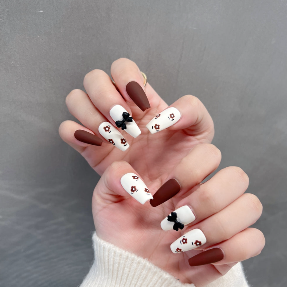 Brown and White Nails Matte With Flowers