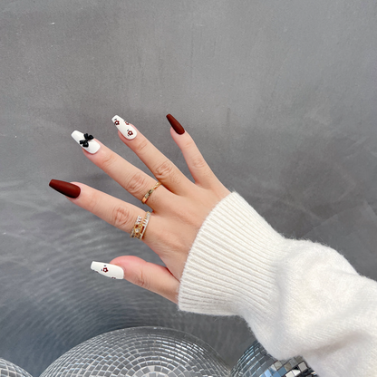 Brown and White Nails Matte With Flowers